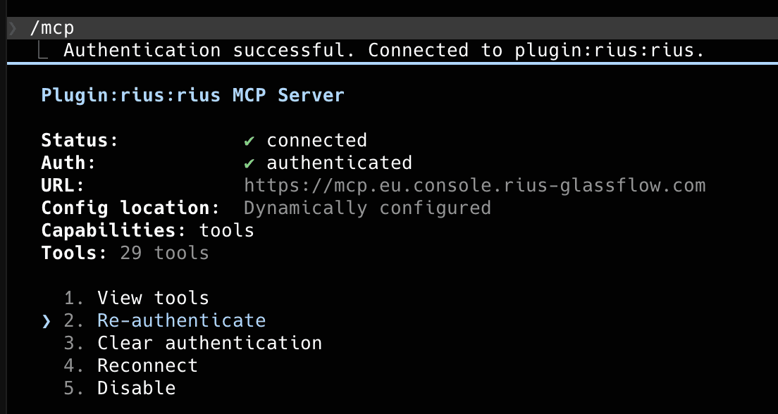 /mcp in Claude Code: the plugin's rius server connected and authenticated against the production MCP URL