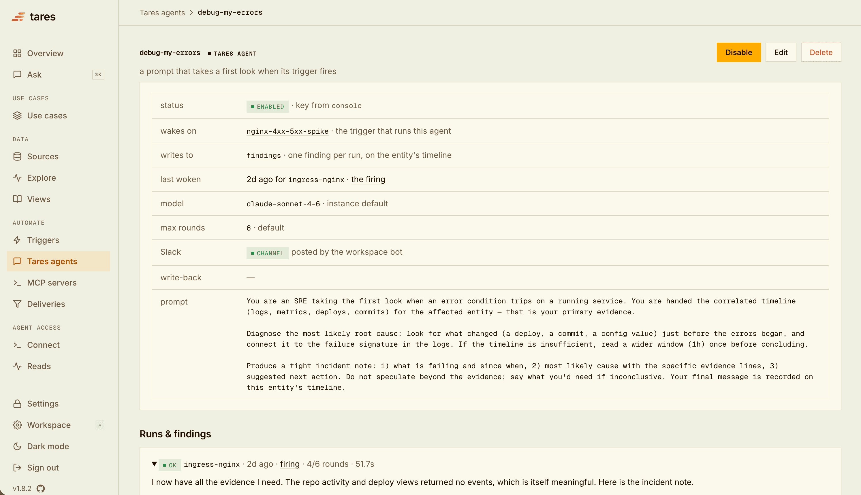 A Tares agent's page: the prompt, the run, and the incident note it wrote back