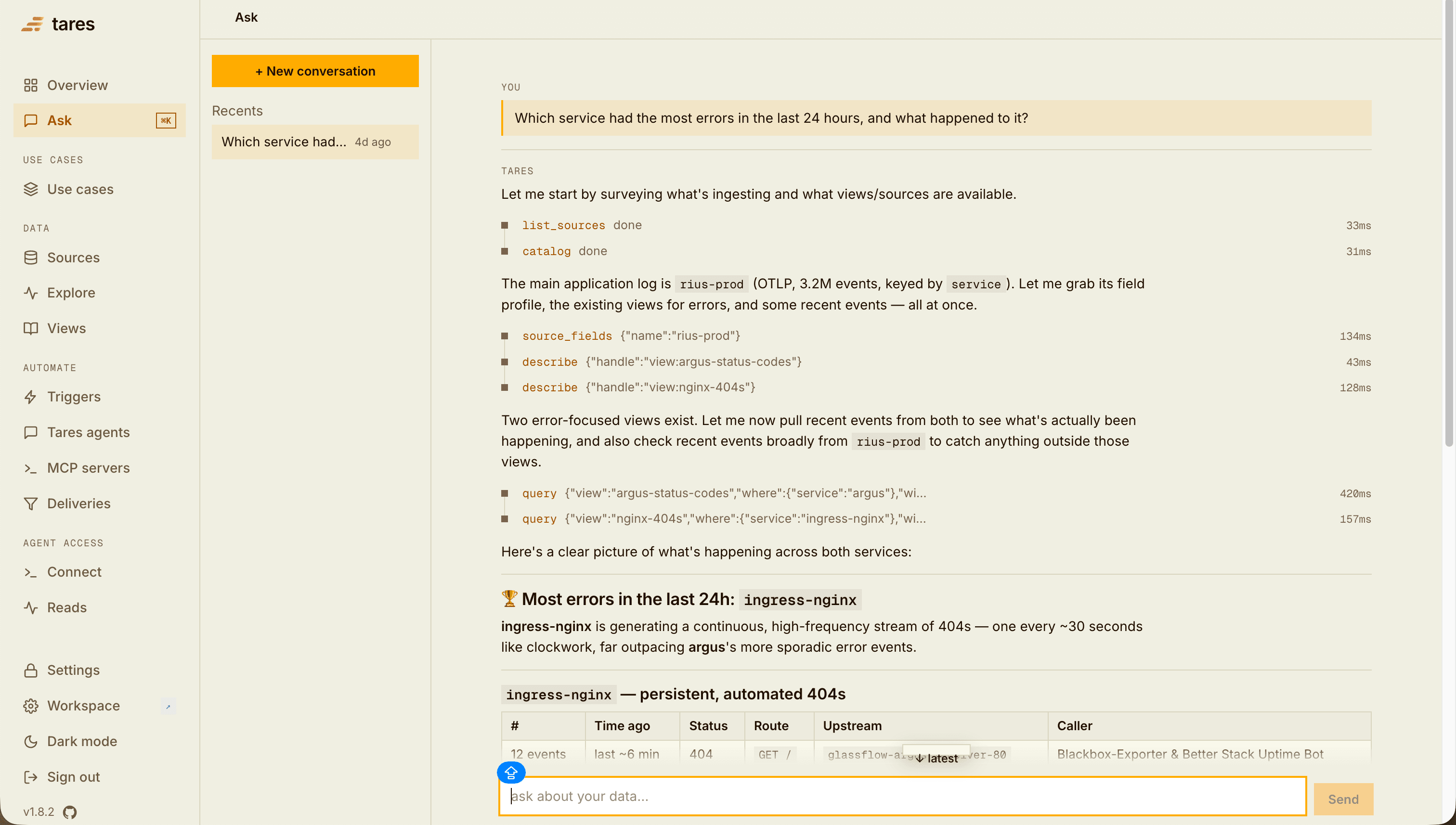 Ask investigating a question: the tool calls it makes, and the verdict it reaches