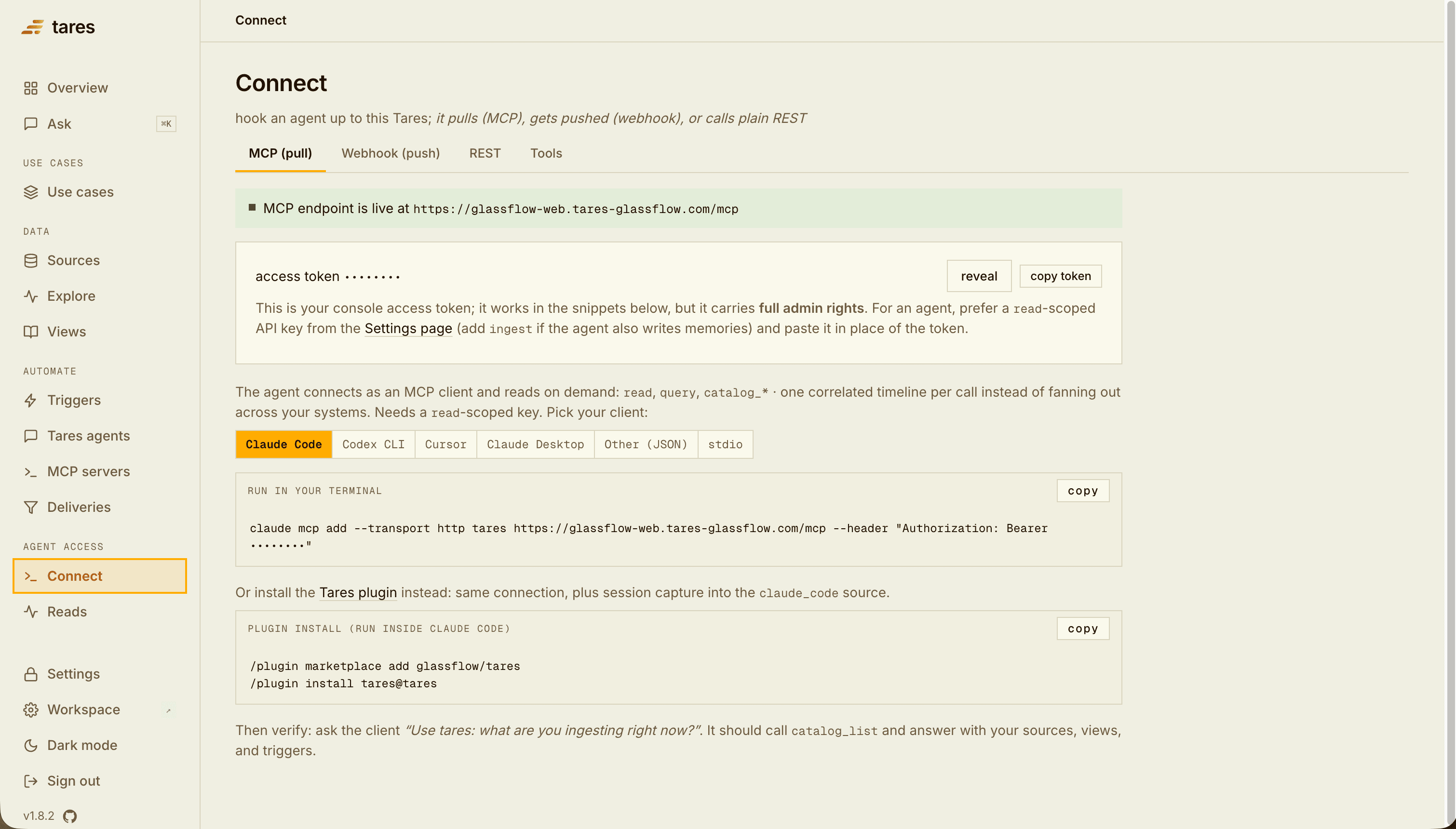 The console's Connect tab: pick your client and get its exact command, endpoint and token filled in