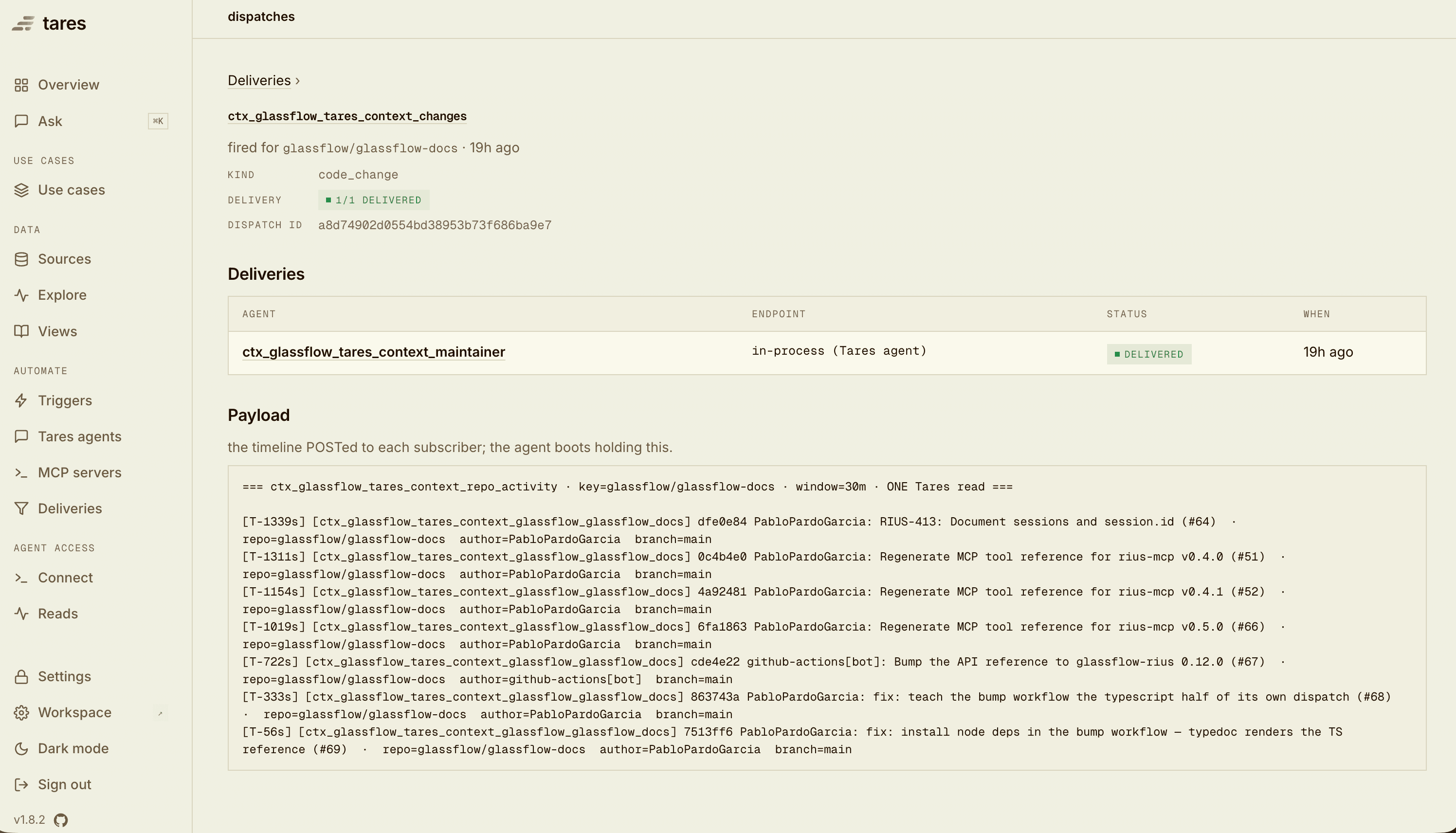 A dispatch's page: delivery status and the correlated timeline that was POSTed
