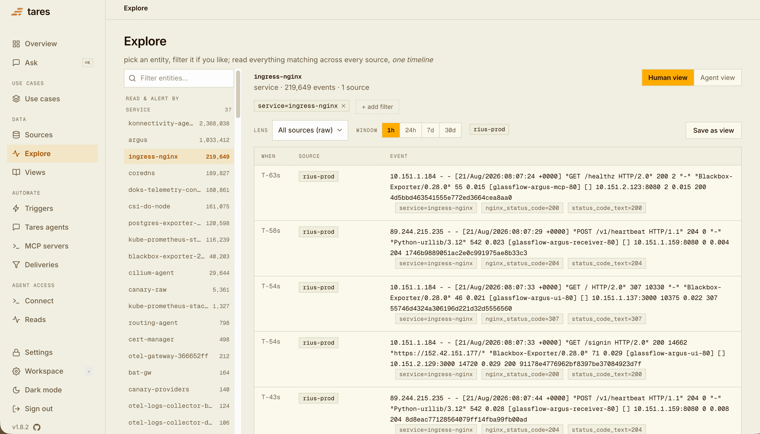 Explore's Agent view: one correlated read for a service, exactly as an agent receives it
