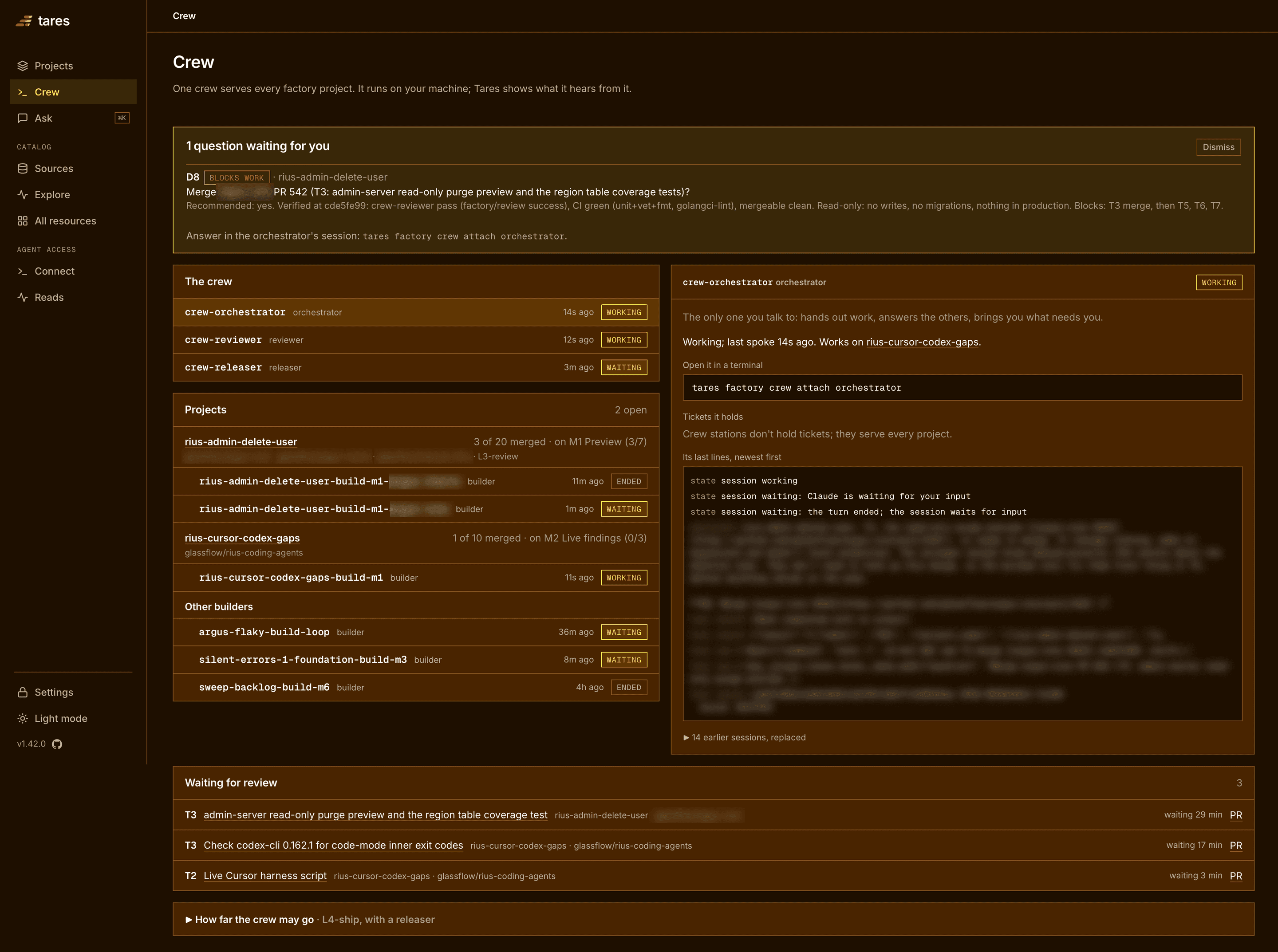 The Crew page with two projects open: a question waiting for you, the stations and builders with their state, the orchestrator's last lines, and three pull requests waiting for review
