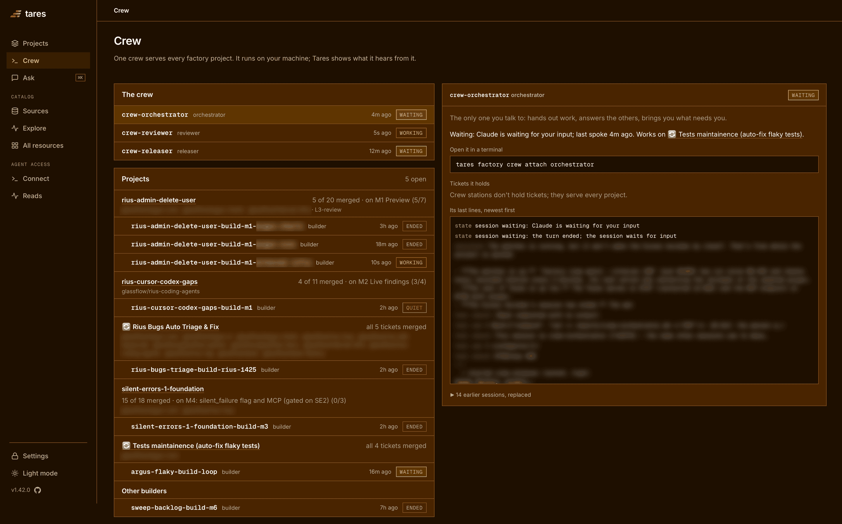 The Crew page with five projects open: one orchestrator, reviewer and releaser serve them all, each project lists its own builders, and the orchestrator is the only session you talk to