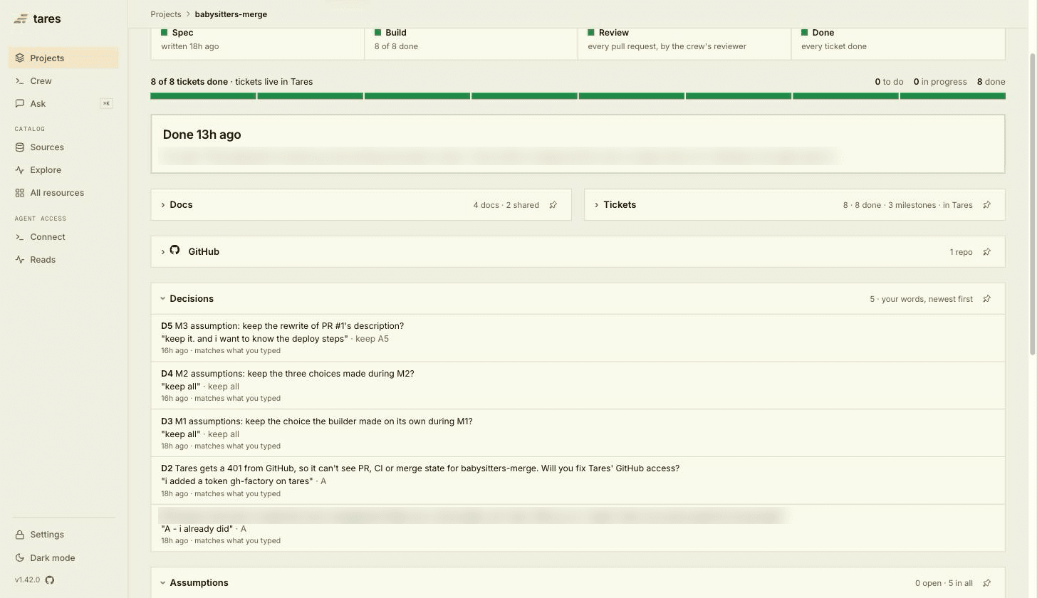 The Decisions fold: the five questions the crew asked, each with the answer in the person's words