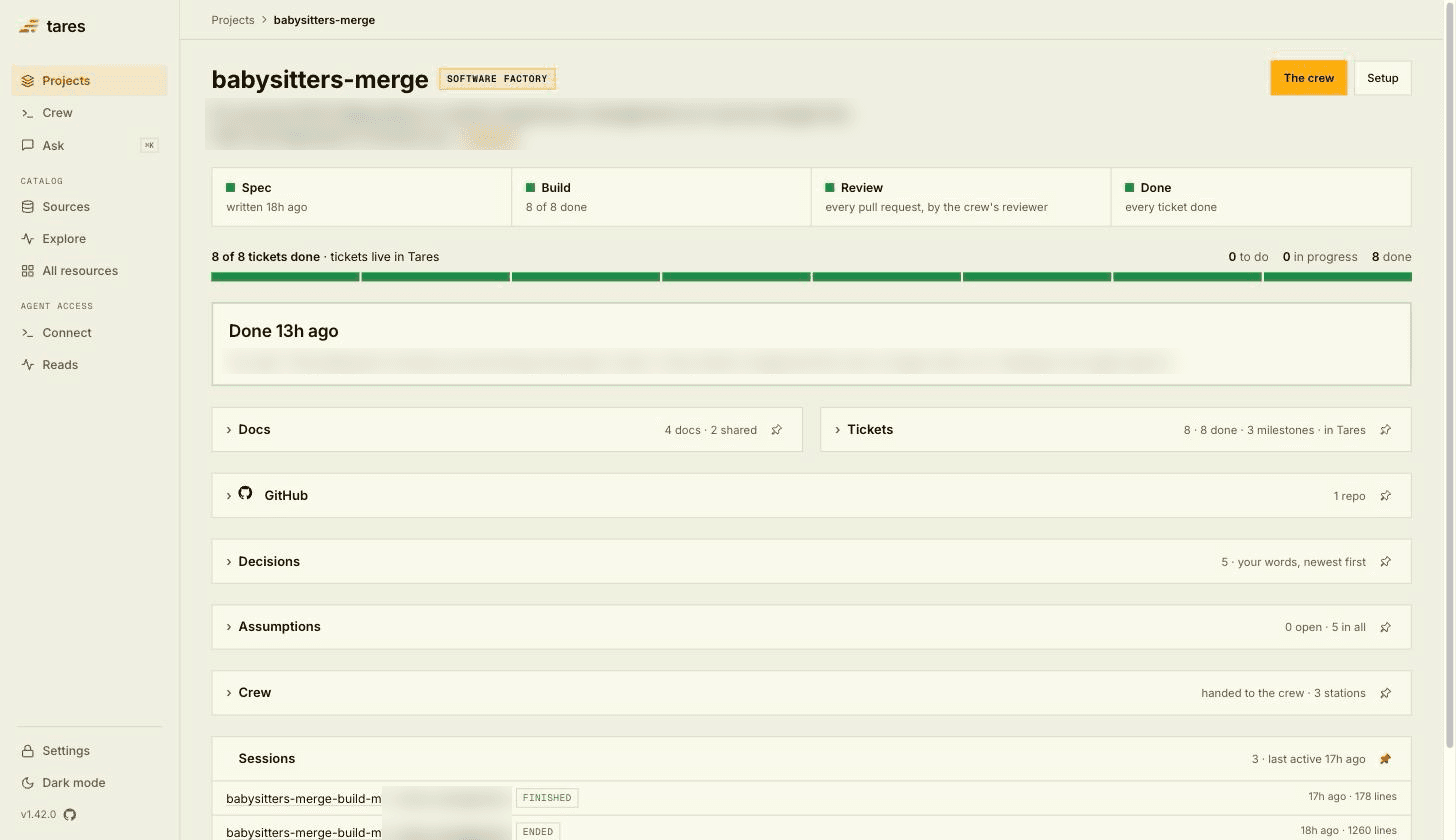 A finished factory project: the steps from spec to done, eight of eight tickets, and the folds for docs, tickets, GitHub, decisions, assumptions and the crew