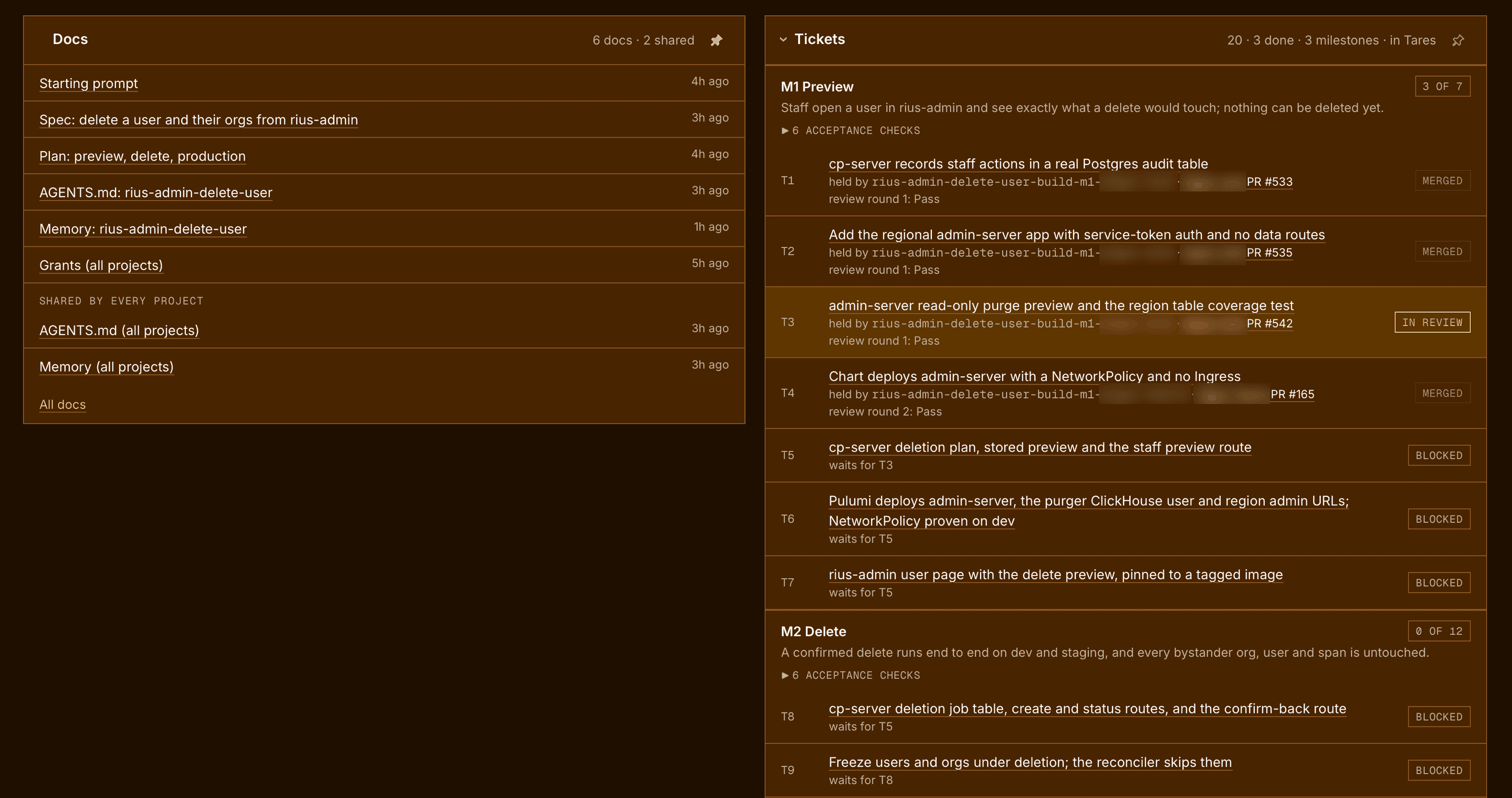 The Tickets fold mid-build: four tickets of M1 merged or in review, each with the builder that held it, its pull request and its review round, and the rest blocked on the tickets they wait for