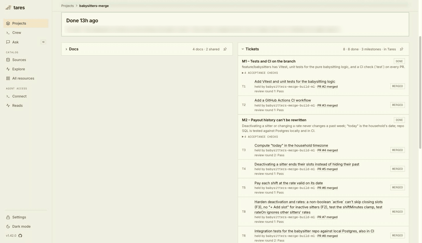 The Tickets fold: each ticket with the builder that held it, its merged pull request and its review round