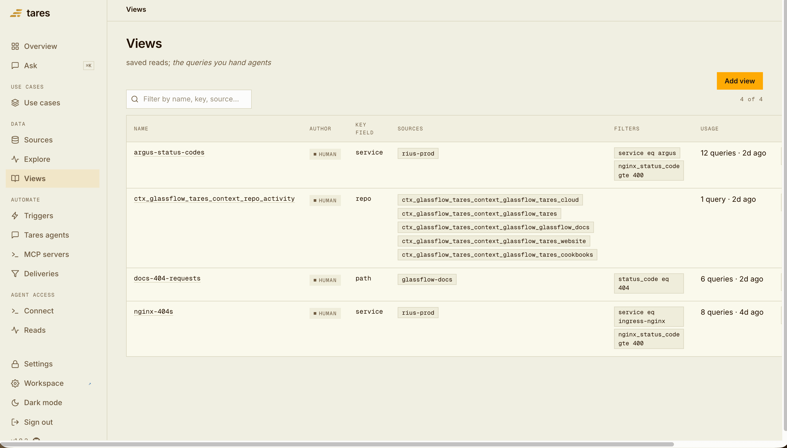 A view's page: key field, sources, filters, author, usage, and the triggers watching it