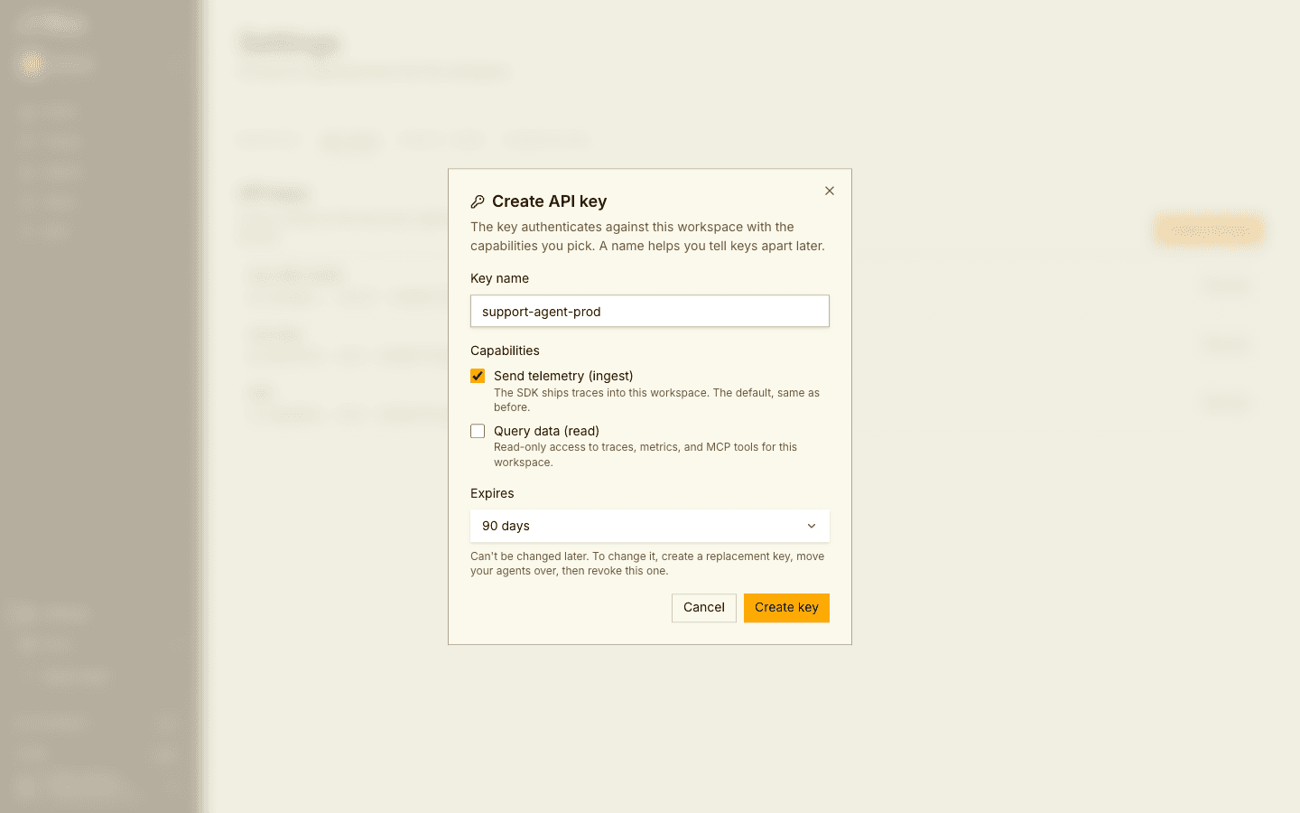 The Create API key dialog with the Query data (read) capability selected