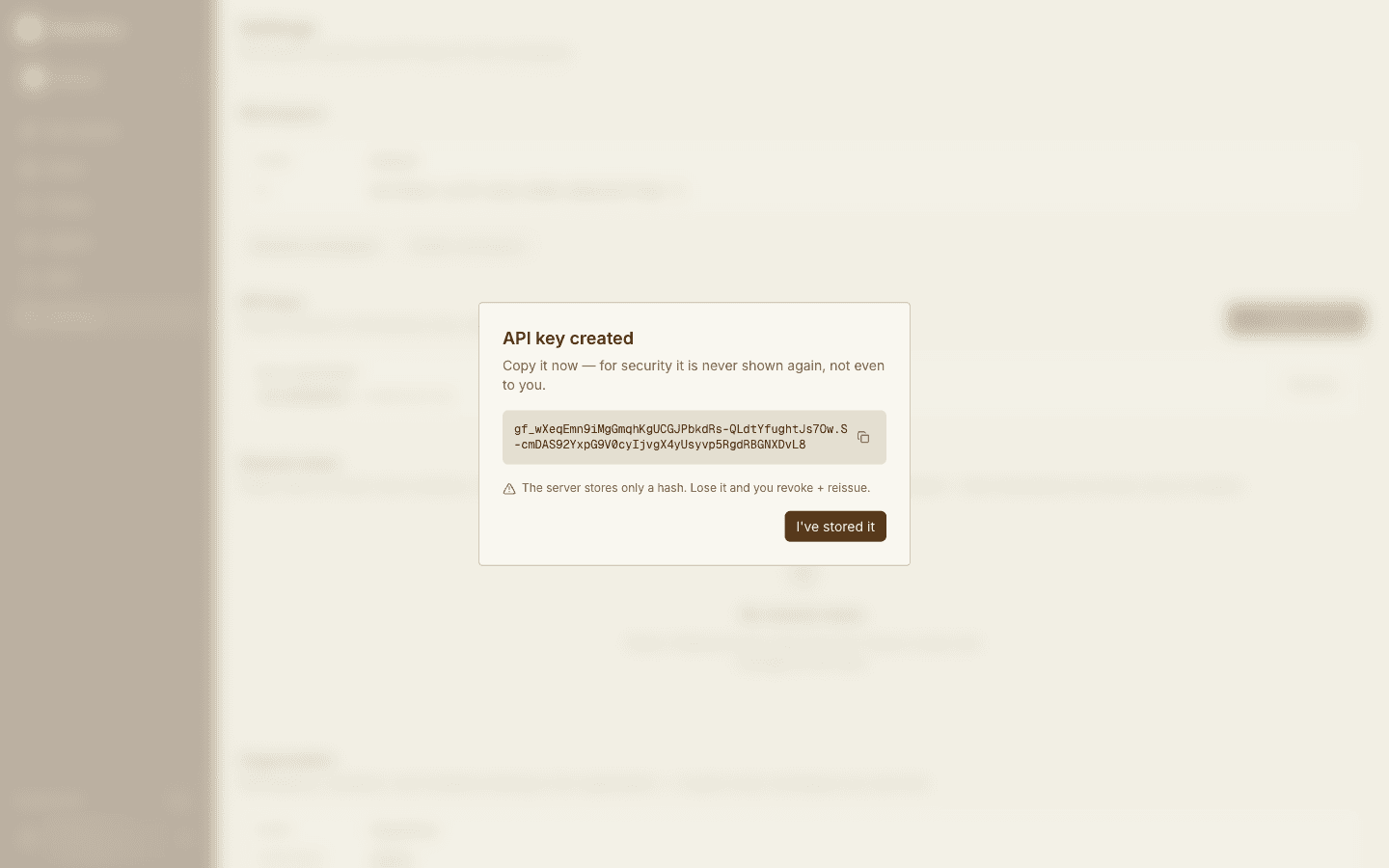 A freshly created API key