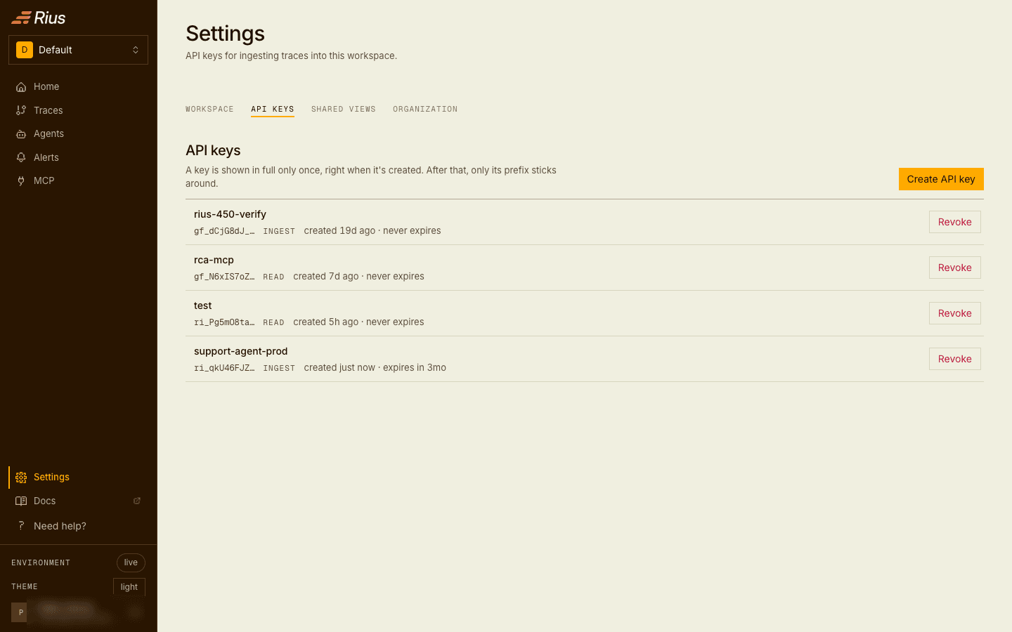 The API keys settings