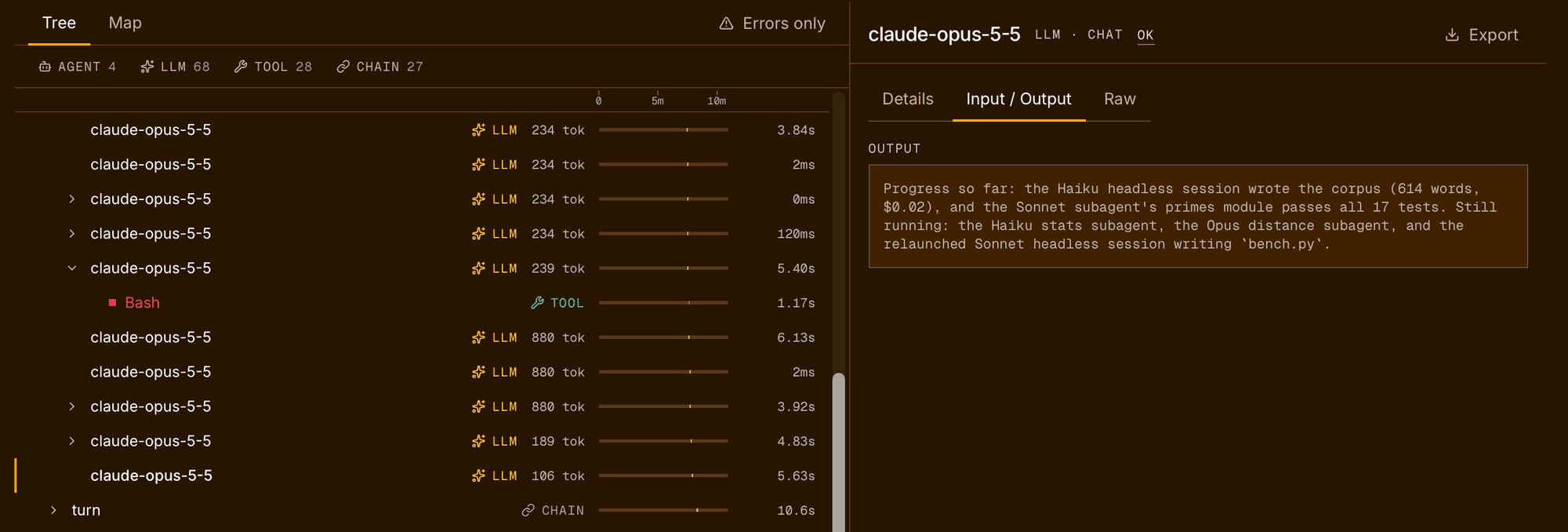 A Claude Code session in the console: the span tree with model calls and a failed Bash tool call, and one model call's output