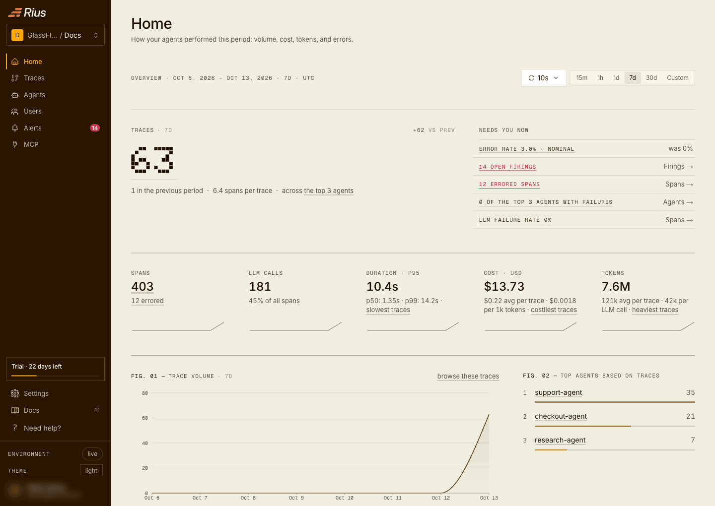The Rius console: the Home page with volume, cost, tokens, and error rates