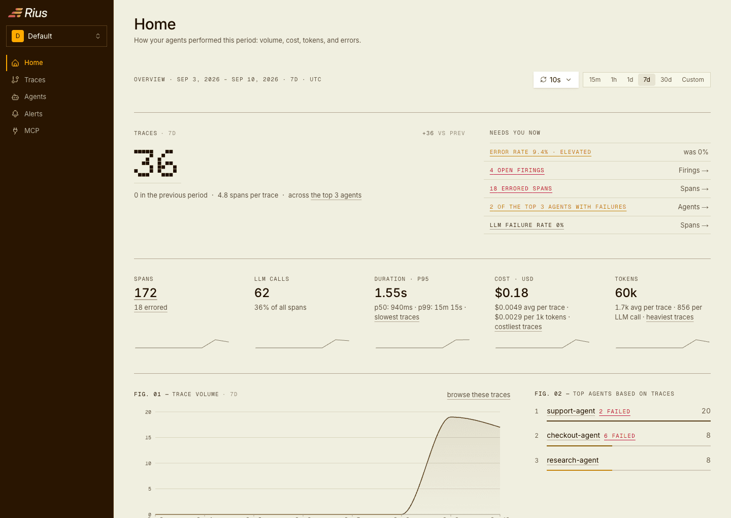 The Rius console: the Home page with volume, cost, tokens, and error rates