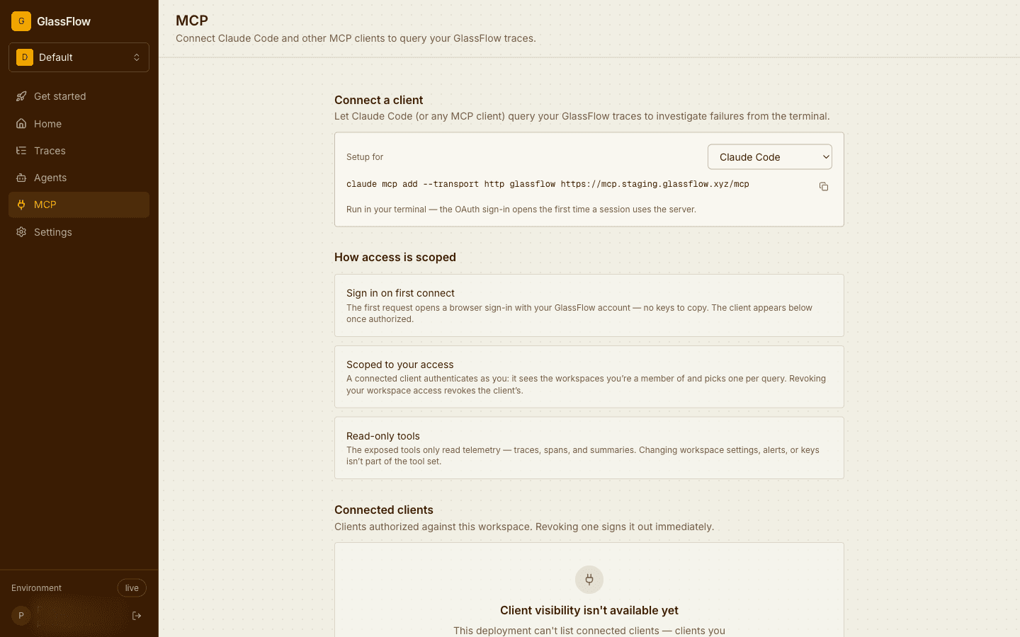 The MCP page in the console with the setup command