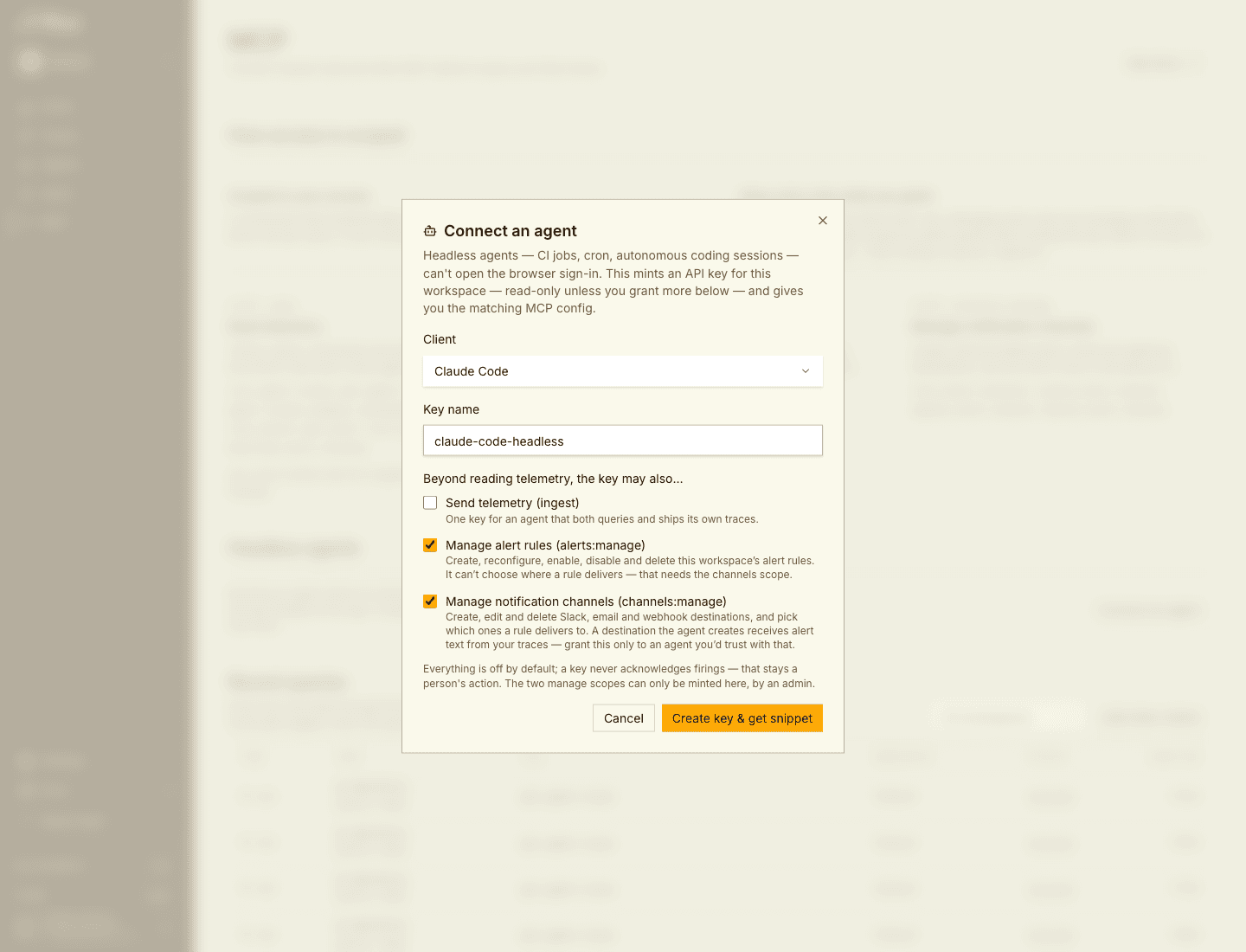 The Connect an agent dialog, with a client picker, a key name, and telemetry sending left off for read-only access
