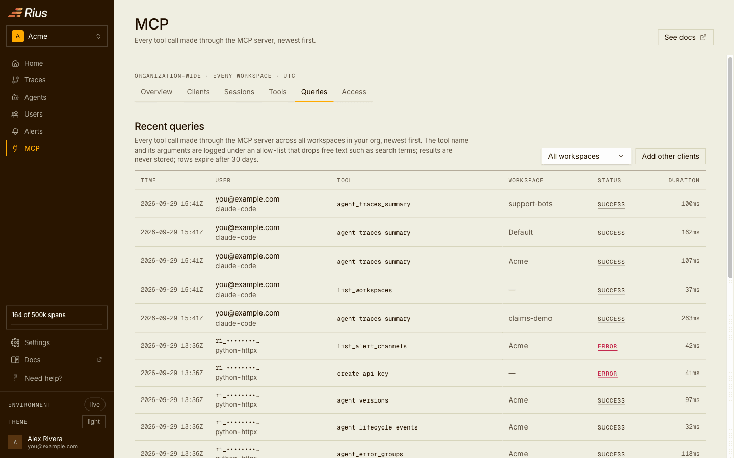 The Queries tab: each MCP call with its tool, workspace, status, and duration