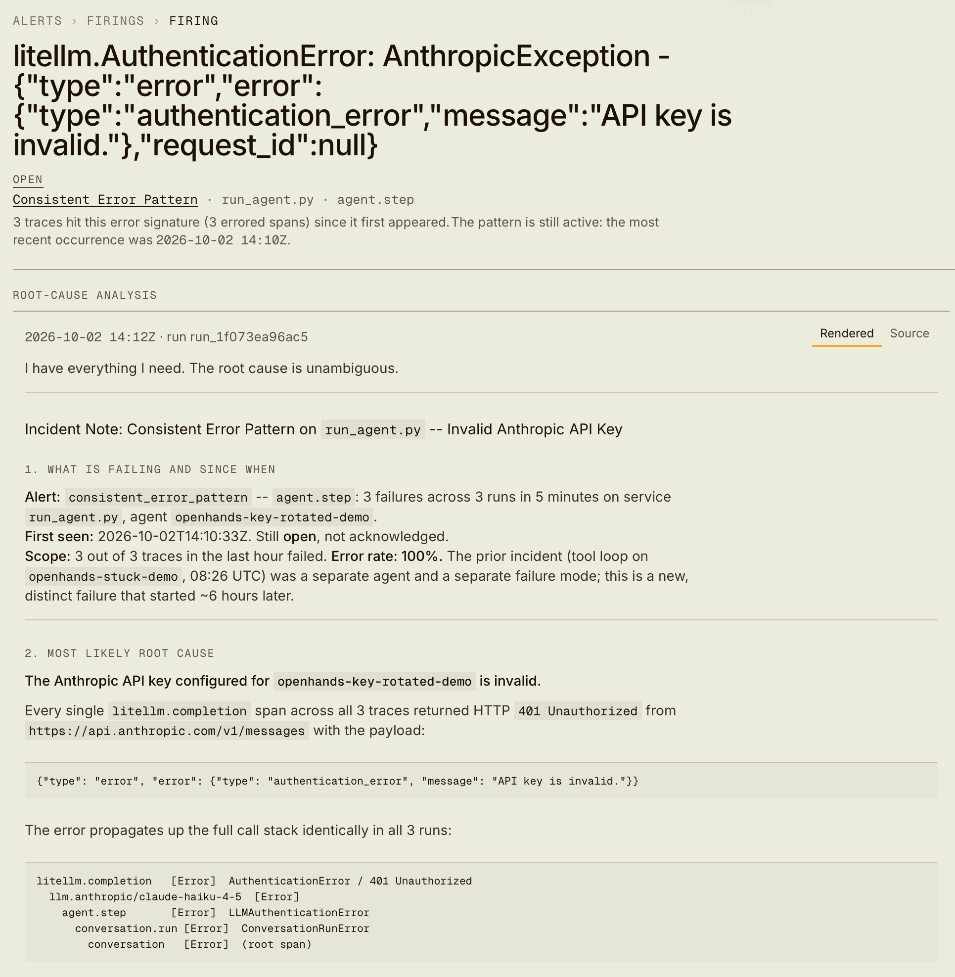 The root-cause analysis on a Consistent Error Pattern alert: the Anthropic API key is invalid