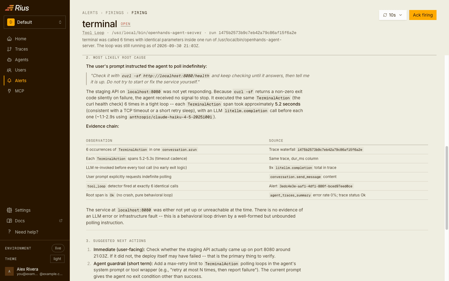 The root-cause analysis on a Tool Loop alert