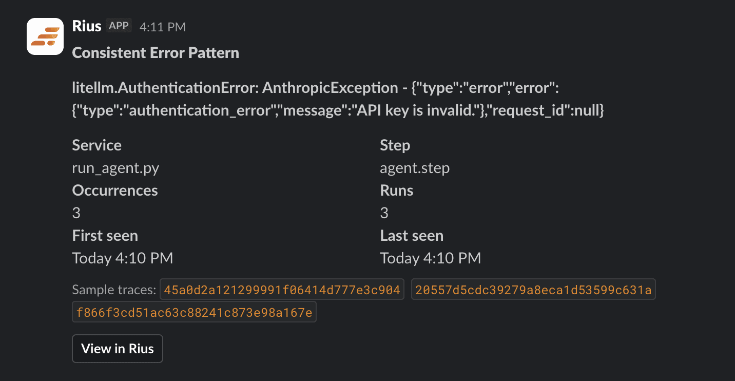 The Consistent Error Pattern alert in Slack: AuthenticationError, API key is invalid, 3 occurrences across 3 runs