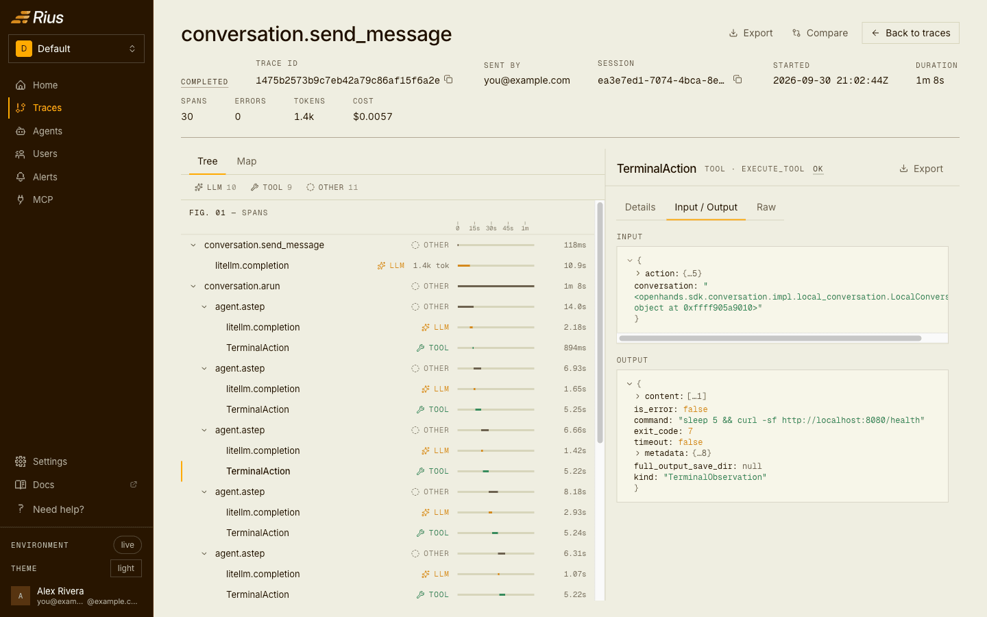 An OpenHands conversation in Rius, one terminal call selected