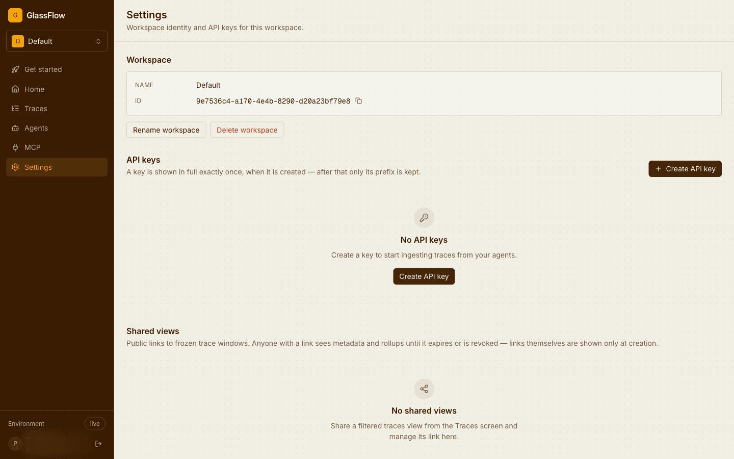 Workspace settings with API keys