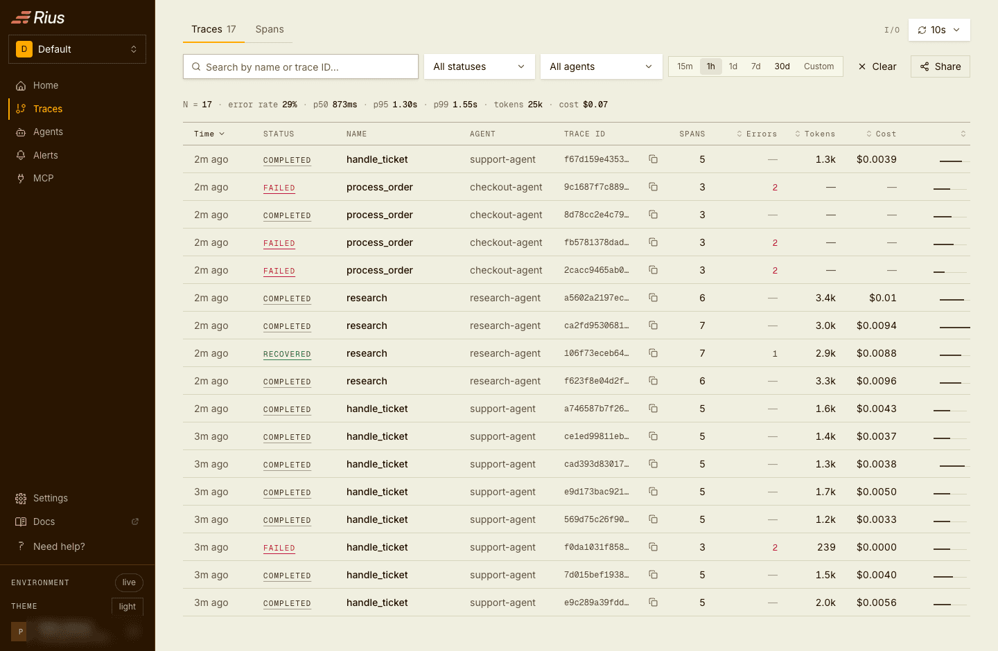 The trace list with fresh traces