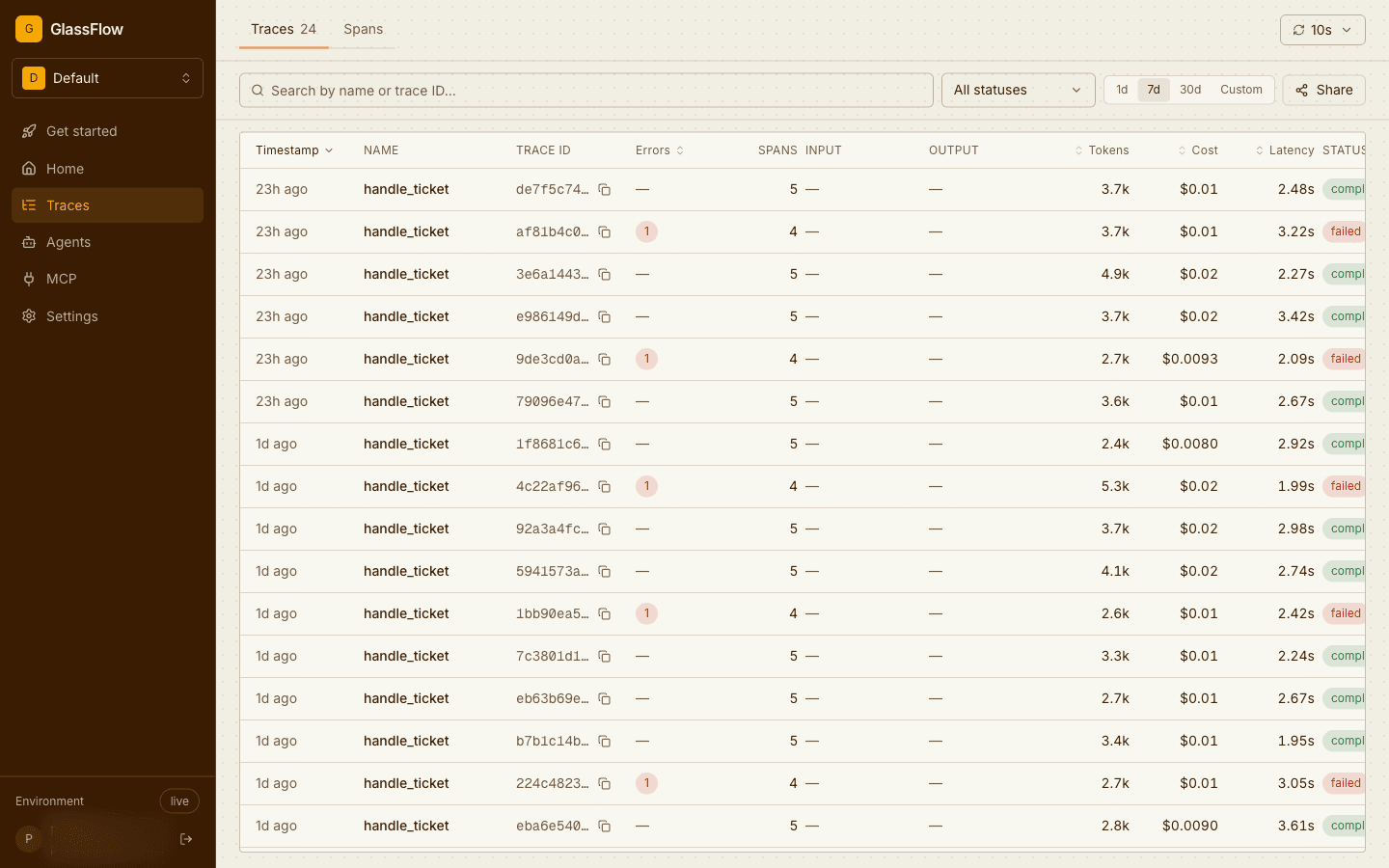 The trace list with fresh traces