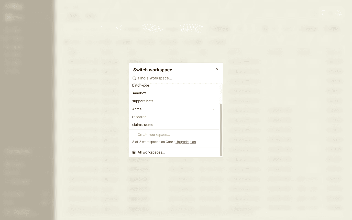 The Switch workspace dialog, with Create workspace… disabled at the plan's workspace limit
